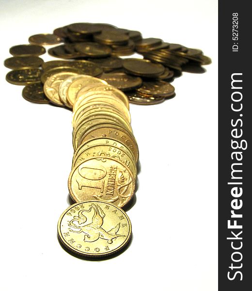 Scattering of coins of bank of Russia on a white background with coins on a background