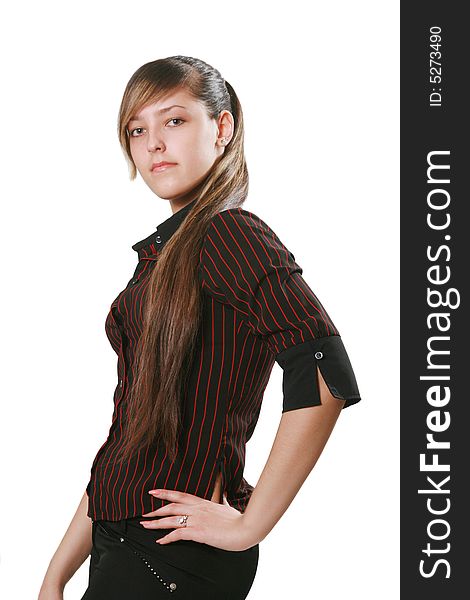 The young woman in a striped shirt on a white background