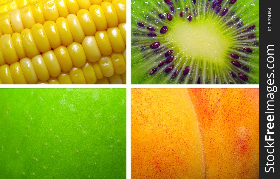 Corn, kiwi, apple and  peach close up. Corn, kiwi, apple and  peach close up