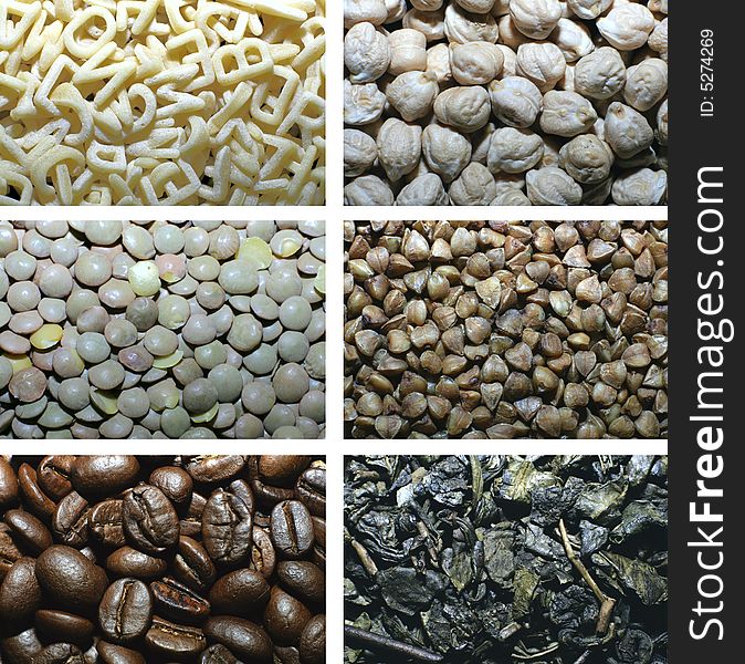 Pasta, turkish peas, lentil, buckwheat, coffee, tea close up. Pasta, turkish peas, lentil, buckwheat, coffee, tea close up