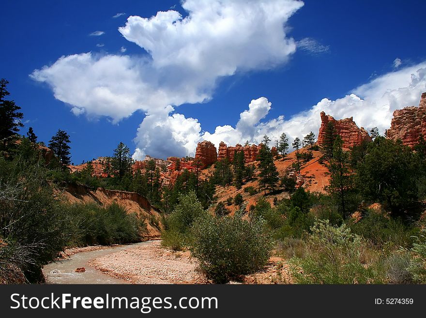 View of the red rock formations in Bryce Canyon National Park. View of the red rock formations in Bryce Canyon National Park