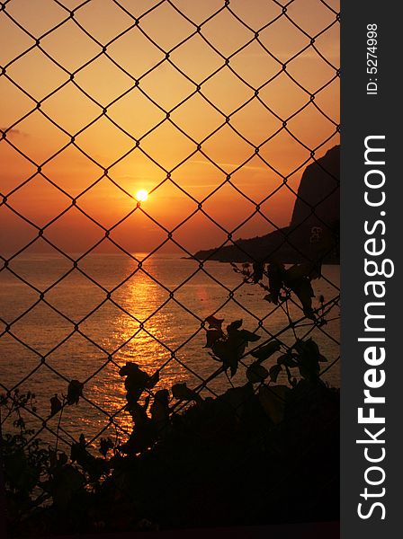 Sunset on the sea, a landscape behind the grid. Sunset on the sea, a landscape behind the grid