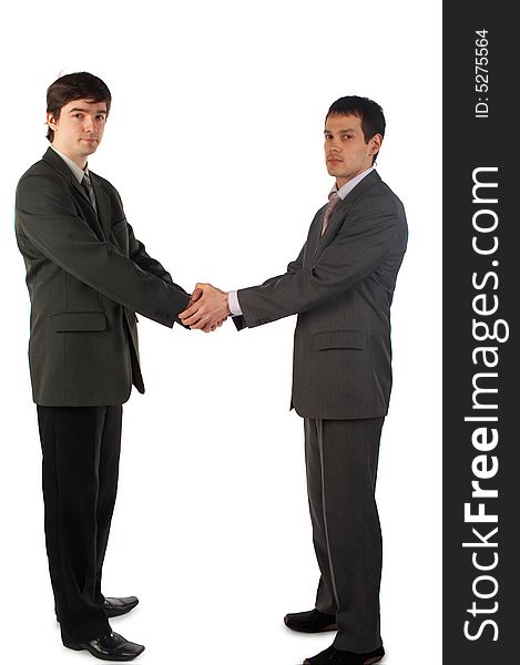 Two young man handshake both hands