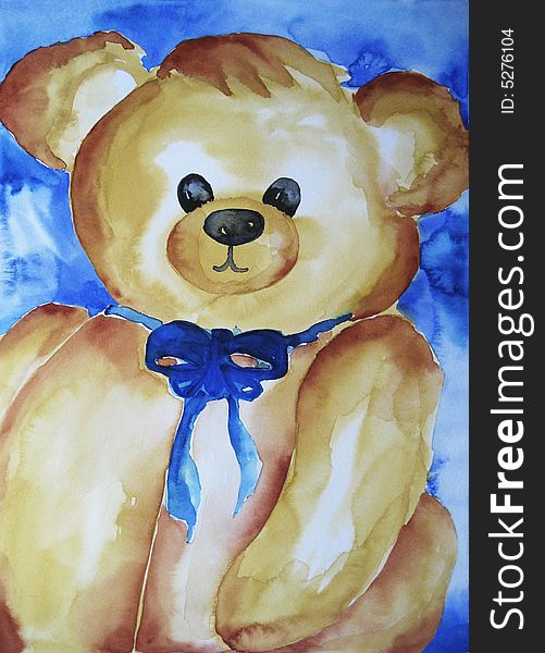 Watercolour Painting of a little teddy bear, created by the photographer