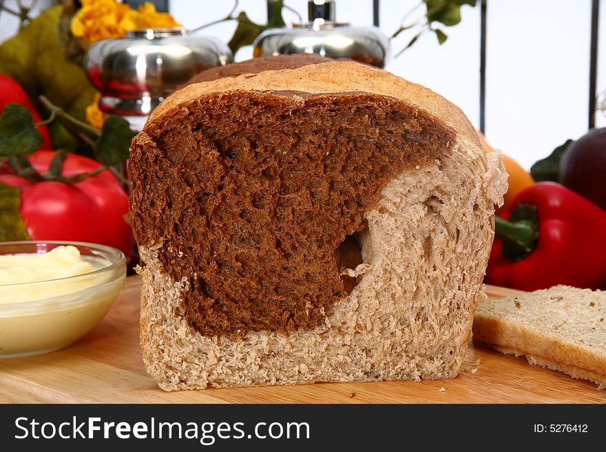 Loaf of marble rye bread in kitchen or restaurant. Loaf of marble rye bread in kitchen or restaurant.