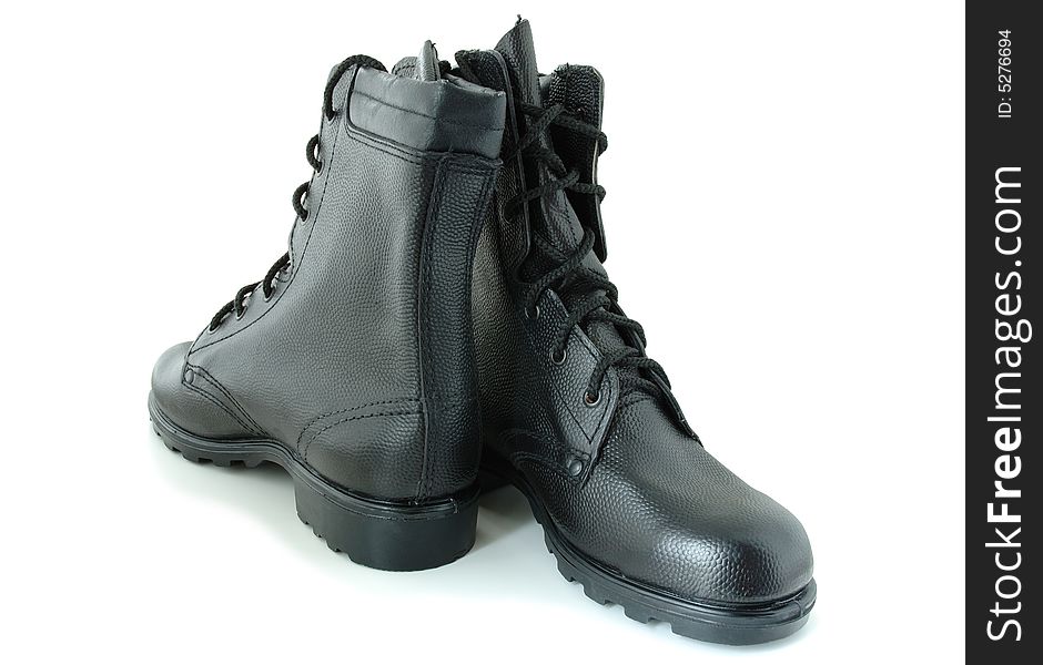 Black leather army boots on overwhite background. Black leather army boots on overwhite background.