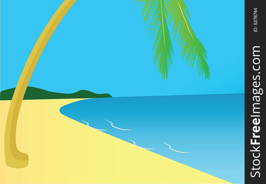 Vector illustration of a deserted beach, with palm tree on foreground