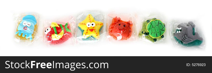 A six funny animal jelly in a transparent package. A six funny animal jelly in a transparent package