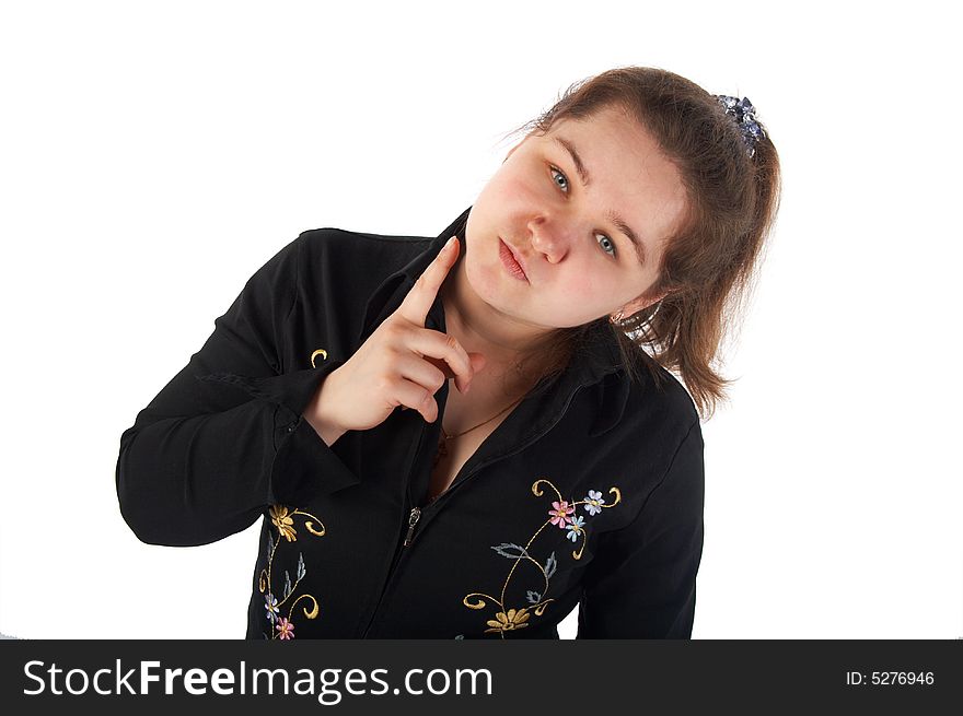 Thinking girl in black shirt isolated on white