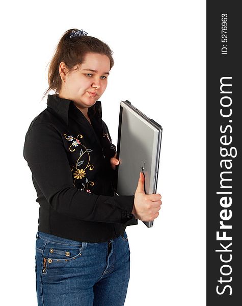 Girl holds closed laptop