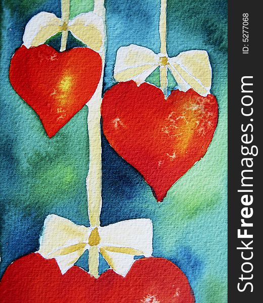 Watercolor painting of 3 red hearts, created by the photographer