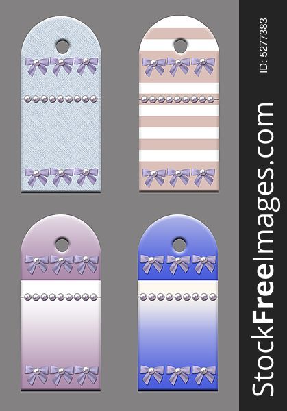 Gift tags with bows and pearls. Isolated on a grey background.