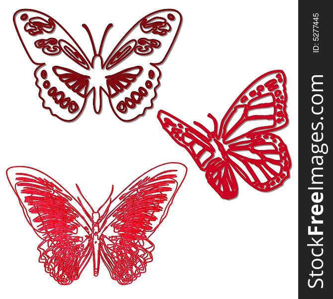 Ornamental red butterflies on a white background. Ornamental red butterflies on a white background.