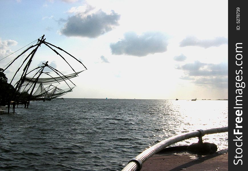 Fishing nets on the sea coast used by fishermen