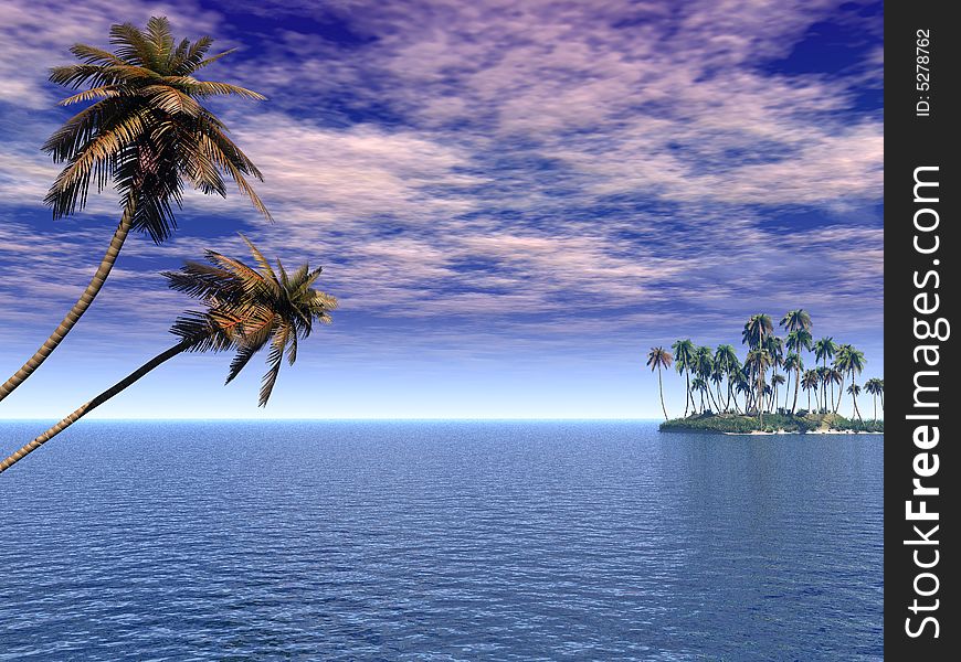 Coconut palm trees on a small island - digital artwork. Coconut palm trees on a small island - digital artwork