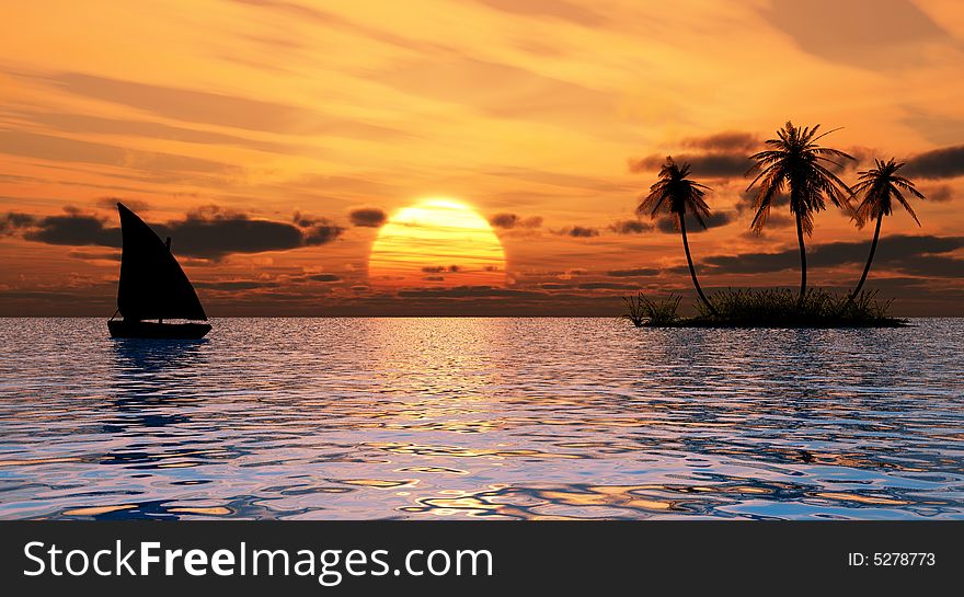 Small boat and sunset sky - 3d landscape scene .