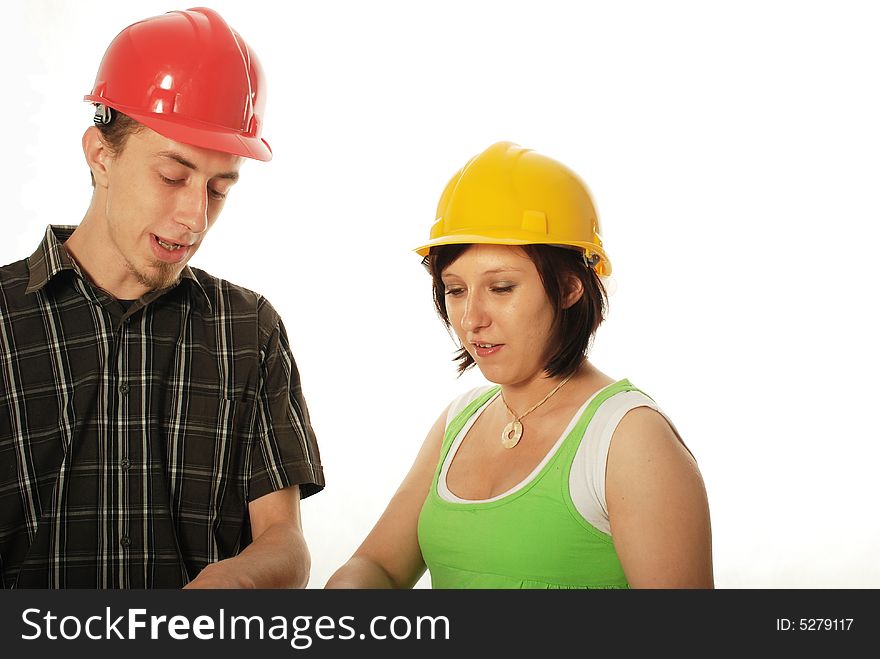 Young couple planning on white background