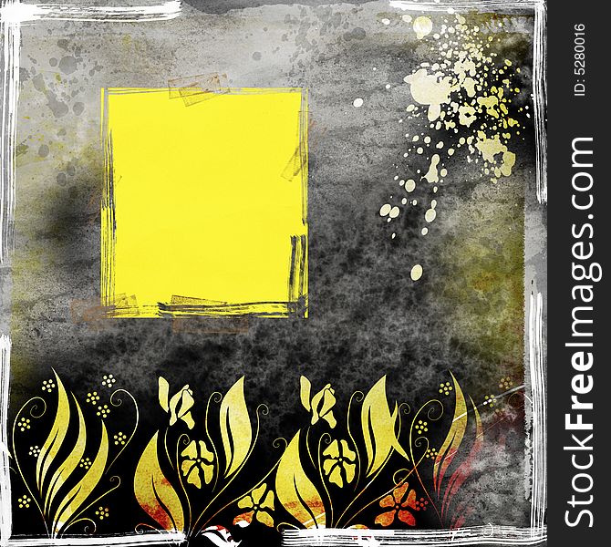 Grunge background with frame, floral, splatter, stains. Grunge background with frame, floral, splatter, stains