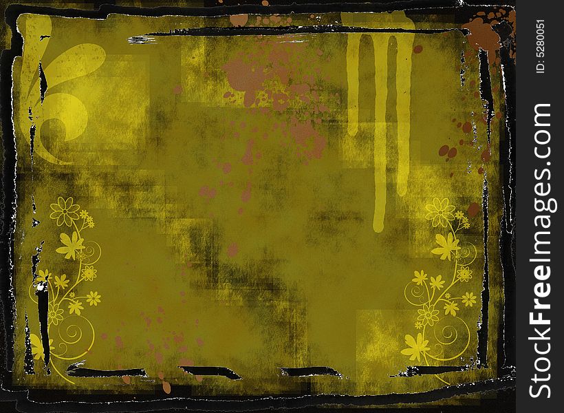 Grunge background with frame, floral, splatter, stains. Grunge background with frame, floral, splatter, stains