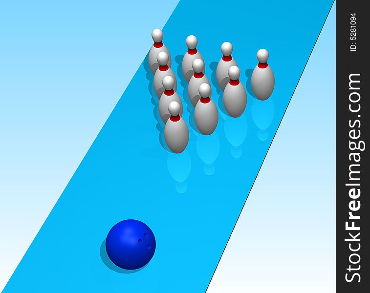 Ten bowling pins with reflection on a blue background. Ten bowling pins with reflection on a blue background