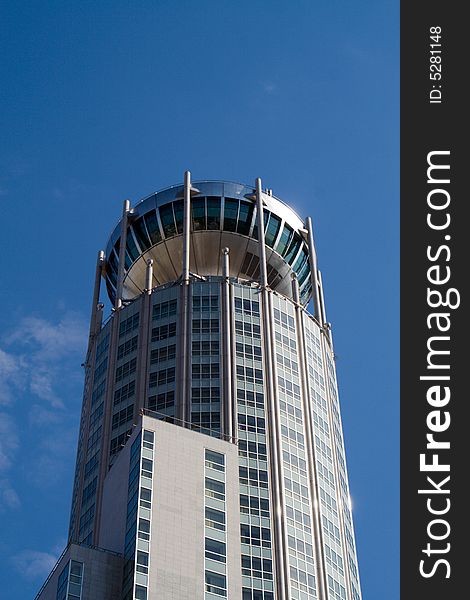 Modern building on background blue sky. Moscow, Russia.