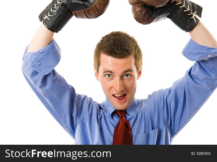 The winner. Closeup business boxer. Isolated over white background. The winner. Closeup business boxer. Isolated over white background