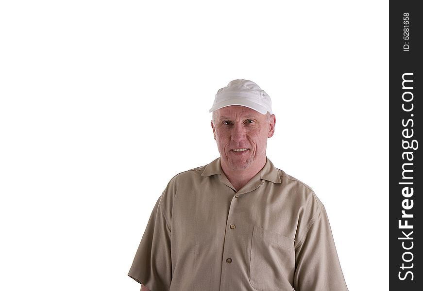 An old guy wearing a brown shirt and white cap on white background. An old guy wearing a brown shirt and white cap on white background