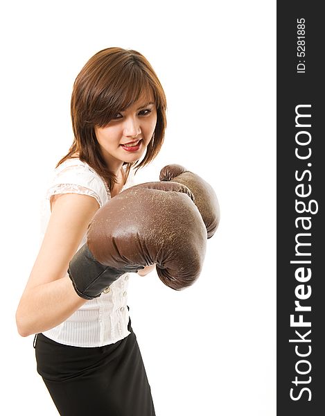 The young japanese businesswoman defends from competitors. Isolated on white background