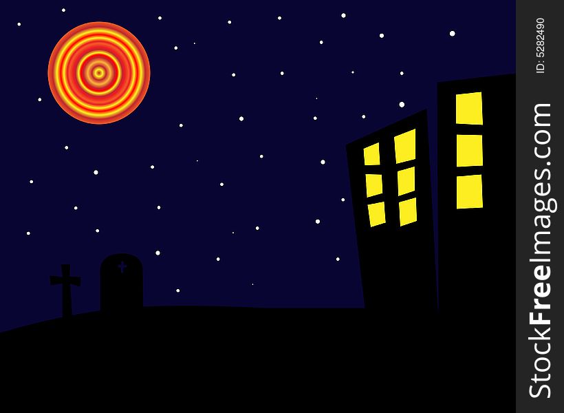 Graphic illustration of a spooky, dark Halloween night with gravestones and old buildings. Graphic illustration of a spooky, dark Halloween night with gravestones and old buildings.