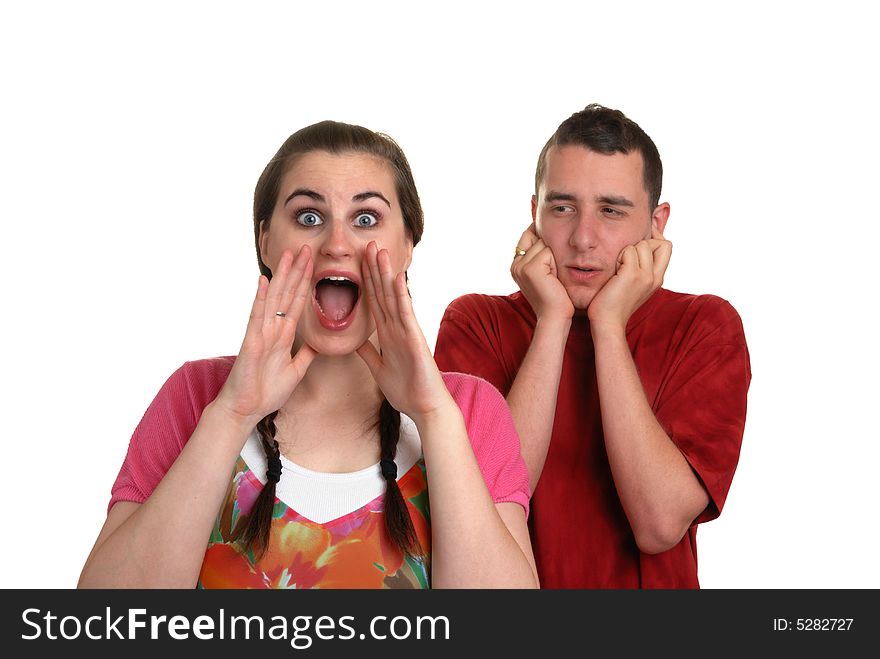 Cure young lady shouting whilst her partner is deafened - humorous concept