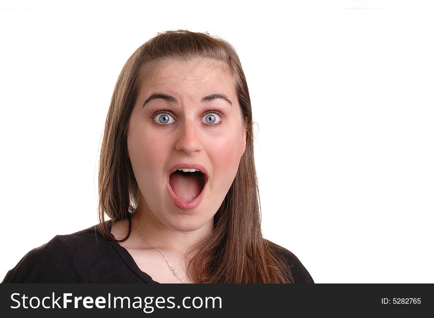 Excited pretty young brunette shouting, isolated on white. Excited pretty young brunette shouting, isolated on white