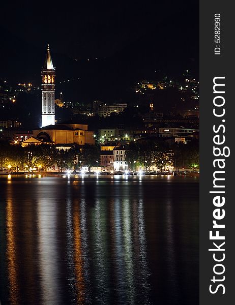 Night view of the main bell at Lecco, seen from the opposite side of the lake. Night view of the main bell at Lecco, seen from the opposite side of the lake