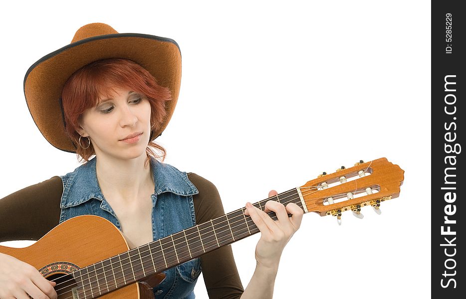 Close-up of a woman playing guitar, white background. Close-up of a woman playing guitar, white background