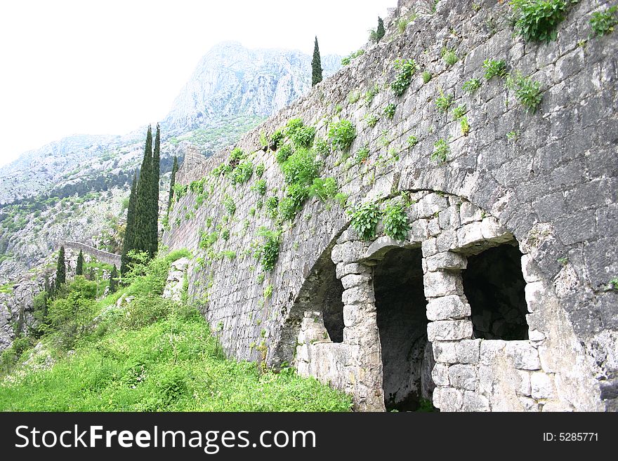 Remains of medieval military defensive fortress in harbor of Kotor, montenegro. Remains of medieval military defensive fortress in harbor of Kotor, montenegro