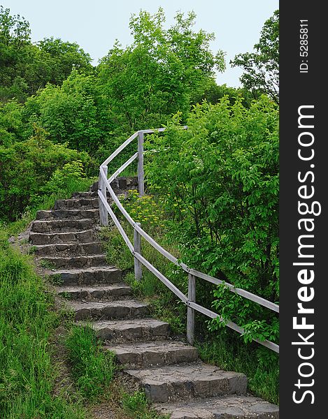 Stone stairs in the green forest with banisters. Stone stairs in the green forest with banisters.