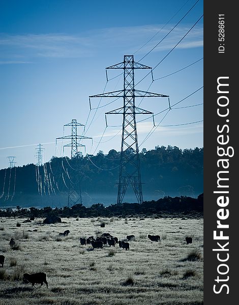 Abstract Power pylons crossing farmland