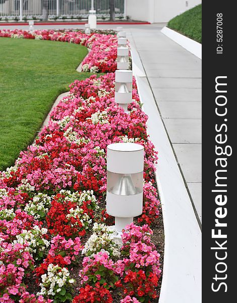 Pink, red, white flowers down sidewalk path