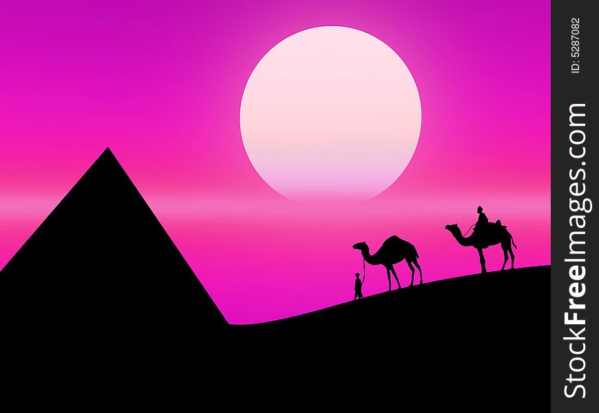 Hot landscape as this desert sunset with camels on the background