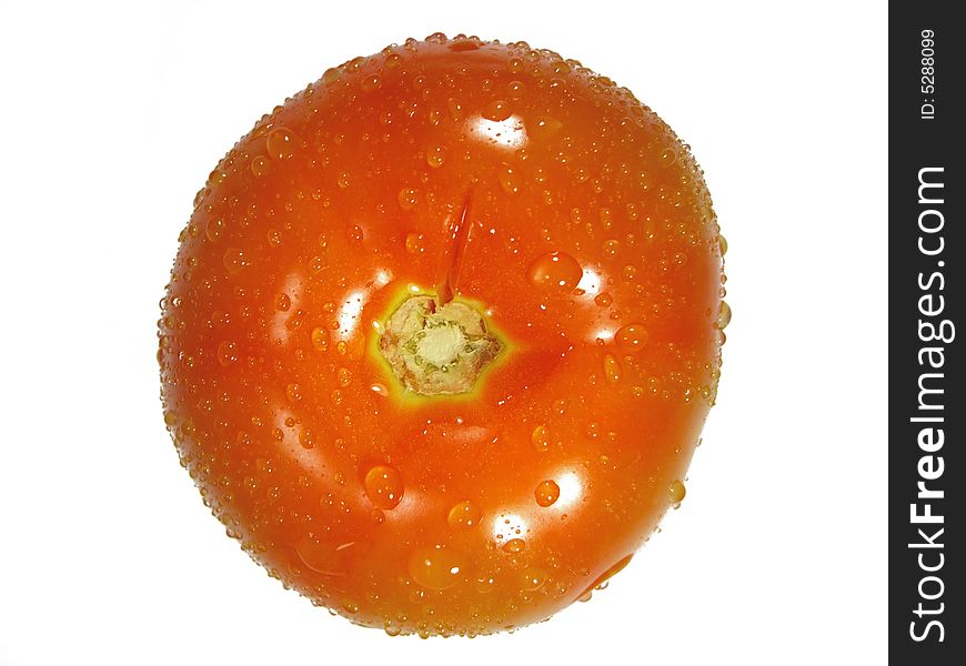 Isolated tomatoe on a white background with droplets of water. Isolated tomatoe on a white background with droplets of water.