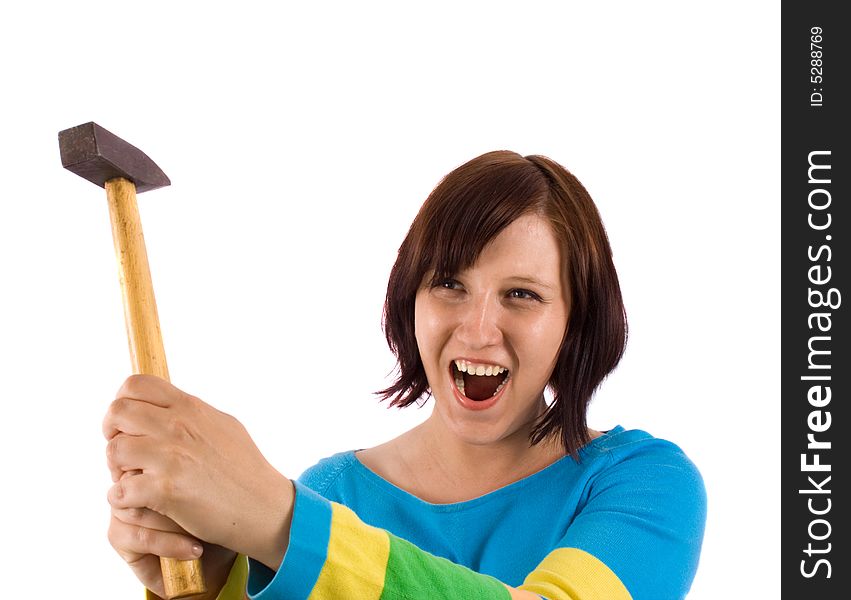 Woman with hammer on white. Woman with hammer on white