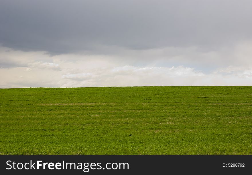 Green fields, the grey sky and white clouds. Green fields, the grey sky and white clouds