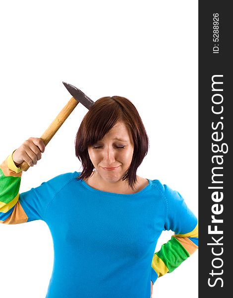 Woman with hammer on white