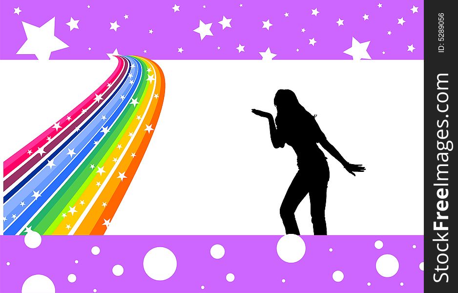 A black female silhouette dancing on a rainbow. A black female silhouette dancing on a rainbow