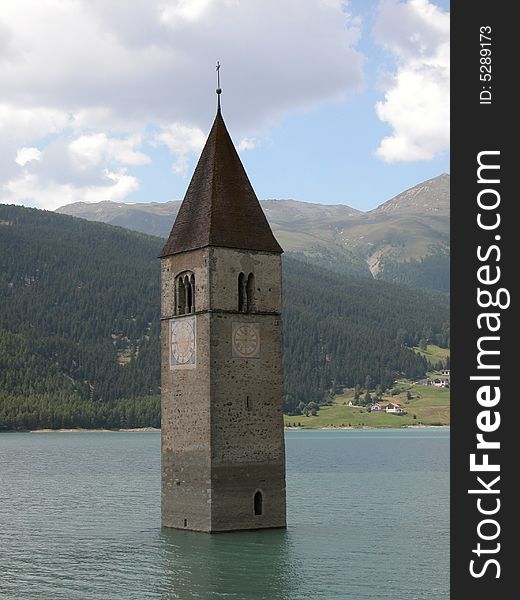 Panorama of flooded church of Resia. Panorama of flooded church of Resia