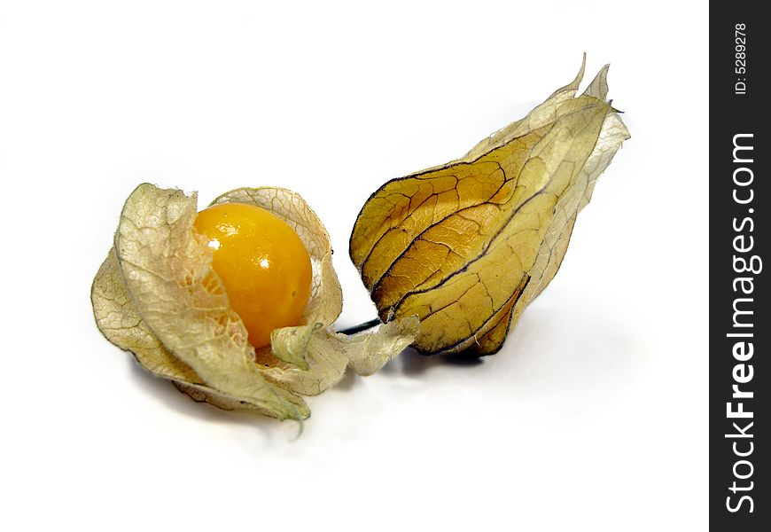 Two physalis fruits isolated on a white background.