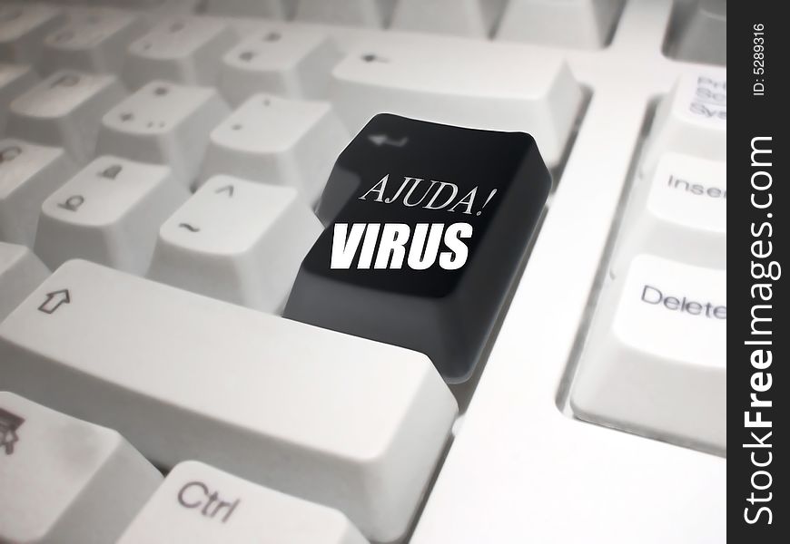 Black enter key on a white keyboard with the following phrase: Ajuda! Virus. Black enter key on a white keyboard with the following phrase: Ajuda! Virus