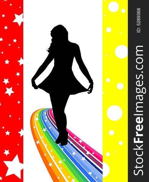 A black female silhouette dancing on a rainbow. A black female silhouette dancing on a rainbow