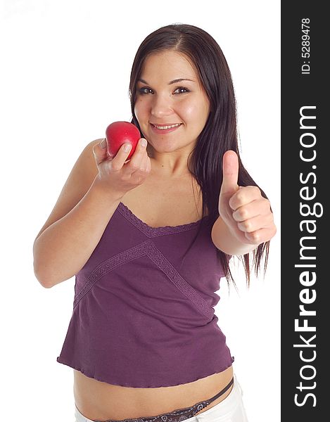 Attractive brunette woman with apple on white background. Attractive brunette woman with apple on white background
