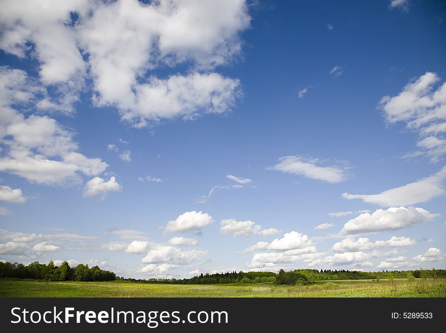 Spring Meadow. Forest and Blue Sky With Clouds. Spring Meadow. Forest and Blue Sky With Clouds.