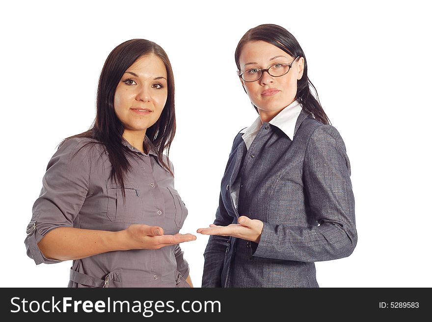 Two attractive business women on white background. Two attractive business women on white background